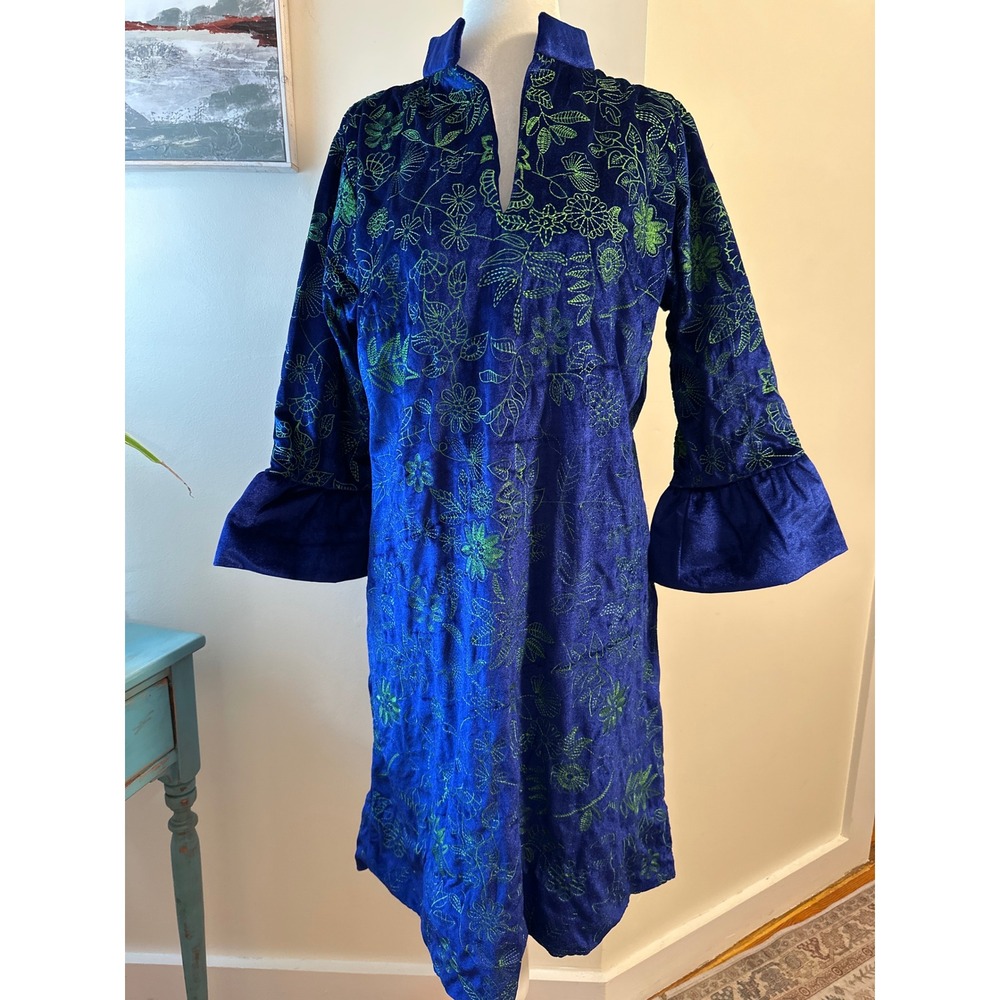 Gretchen Scott Royal Blue Velvet Floral Embroidered Ruffle Bell Sleeve Dress L